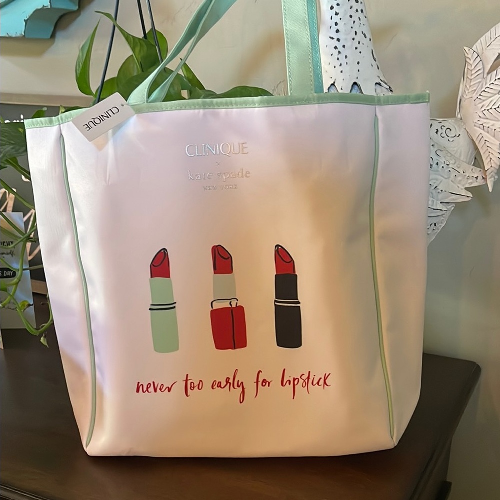 Kate Spade Green and White Tote with Lipstick Design